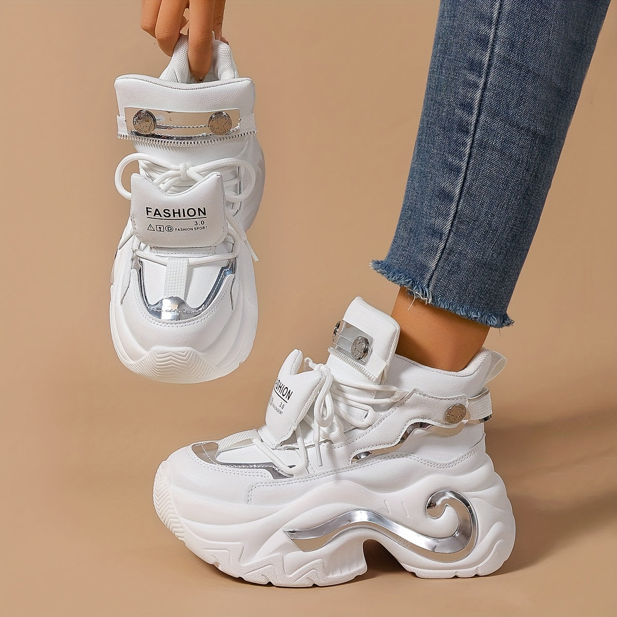 Women's Chunky Platform Sneakers High-Top Lace-Up White Casual Shoes