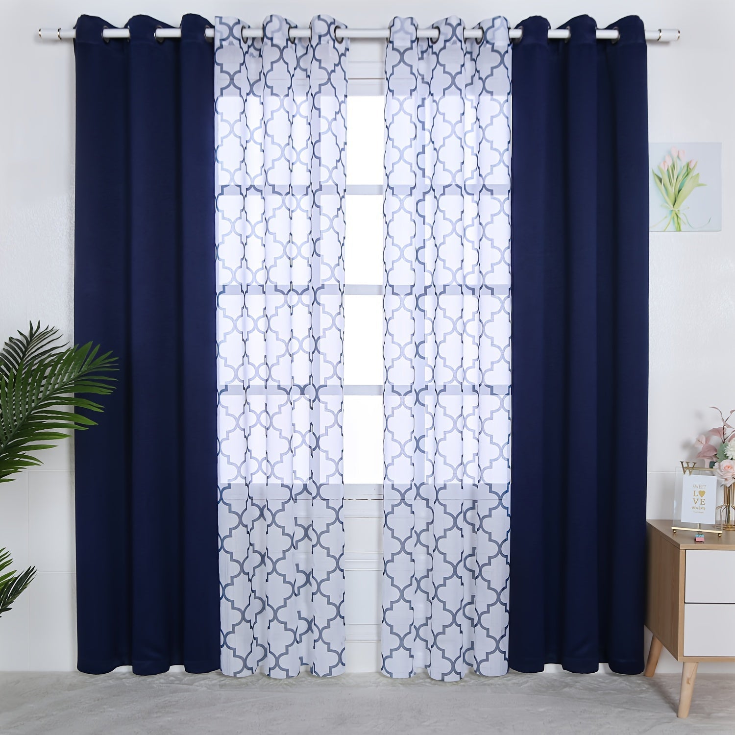 Blackout Curtains and Sheer Panels Set with Snowflake Pattern Indoor Window Decor