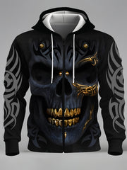 Men's Hoodie with Zipper Pocket and 3D Skull Print Polyester Knit Fabric