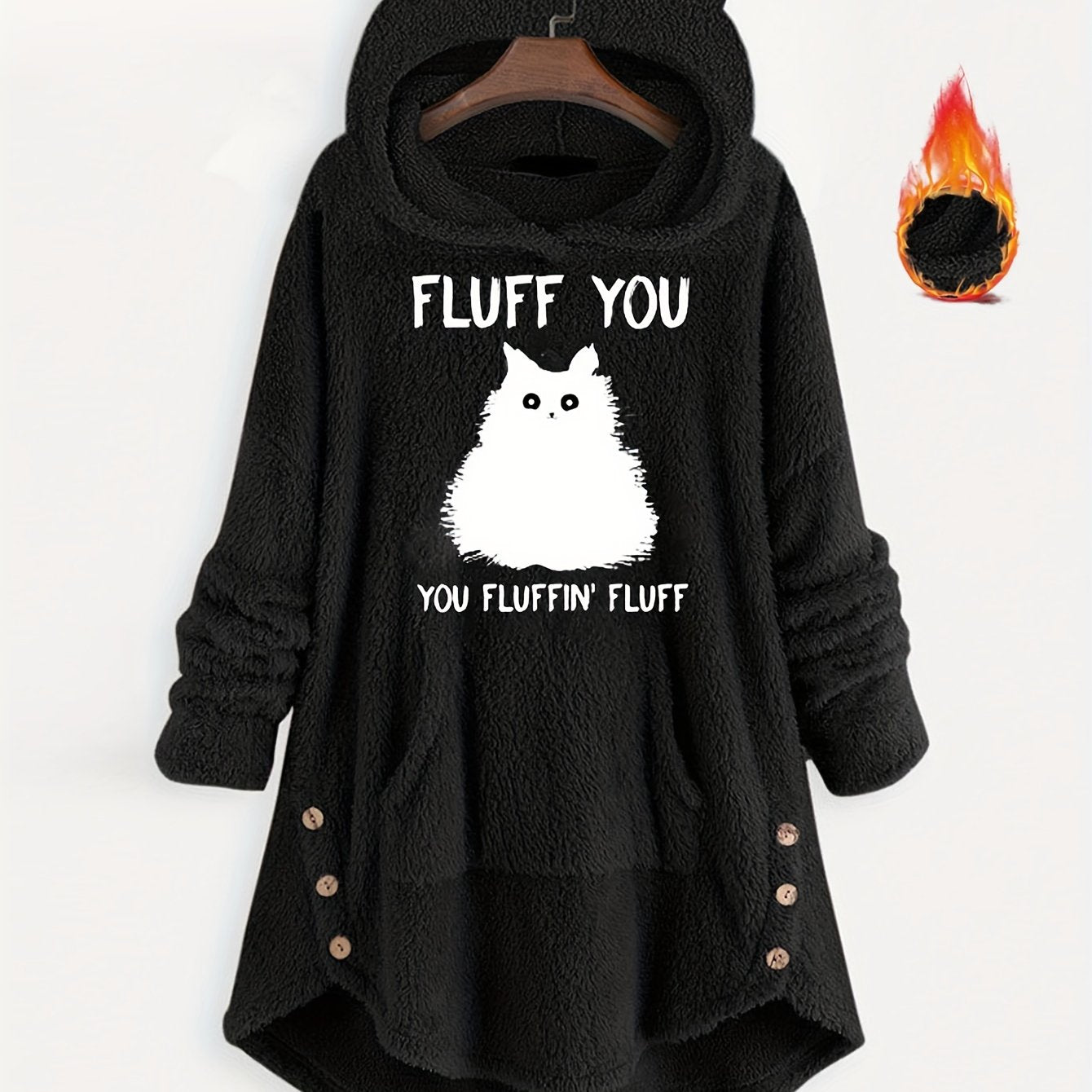 Plus o'lcham ayollar uchun fleece svitshot bilan slogan mushuk bosma uzun qo'lqop