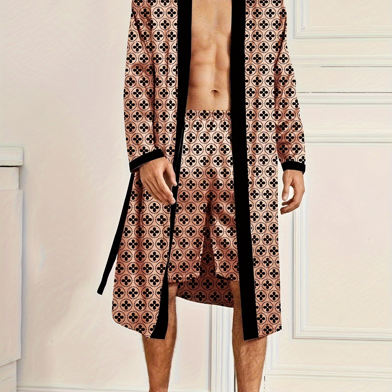 Men's Full-Print Cotton Robe Set V-Neck Tie Casual Lounge Spring Summer Fall