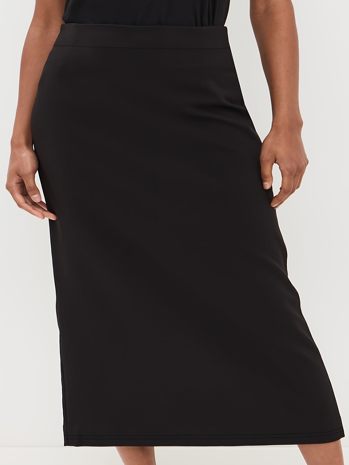 Plus Size Black Stretchy Pencil Skirt Solid Color Workwear with Side Slit