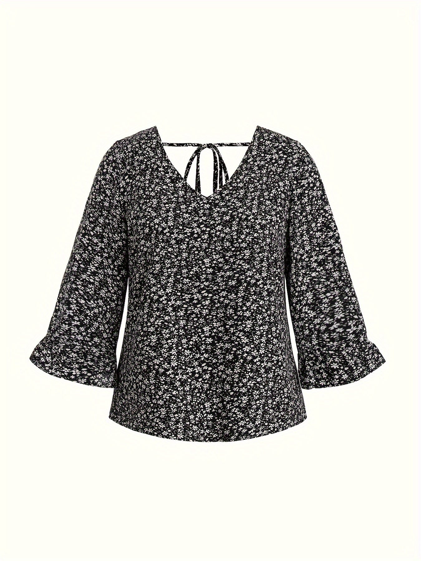 Plus Size Floral Pattern Blouse V Neck Ruffle Long Sleeve Spring Summer Women