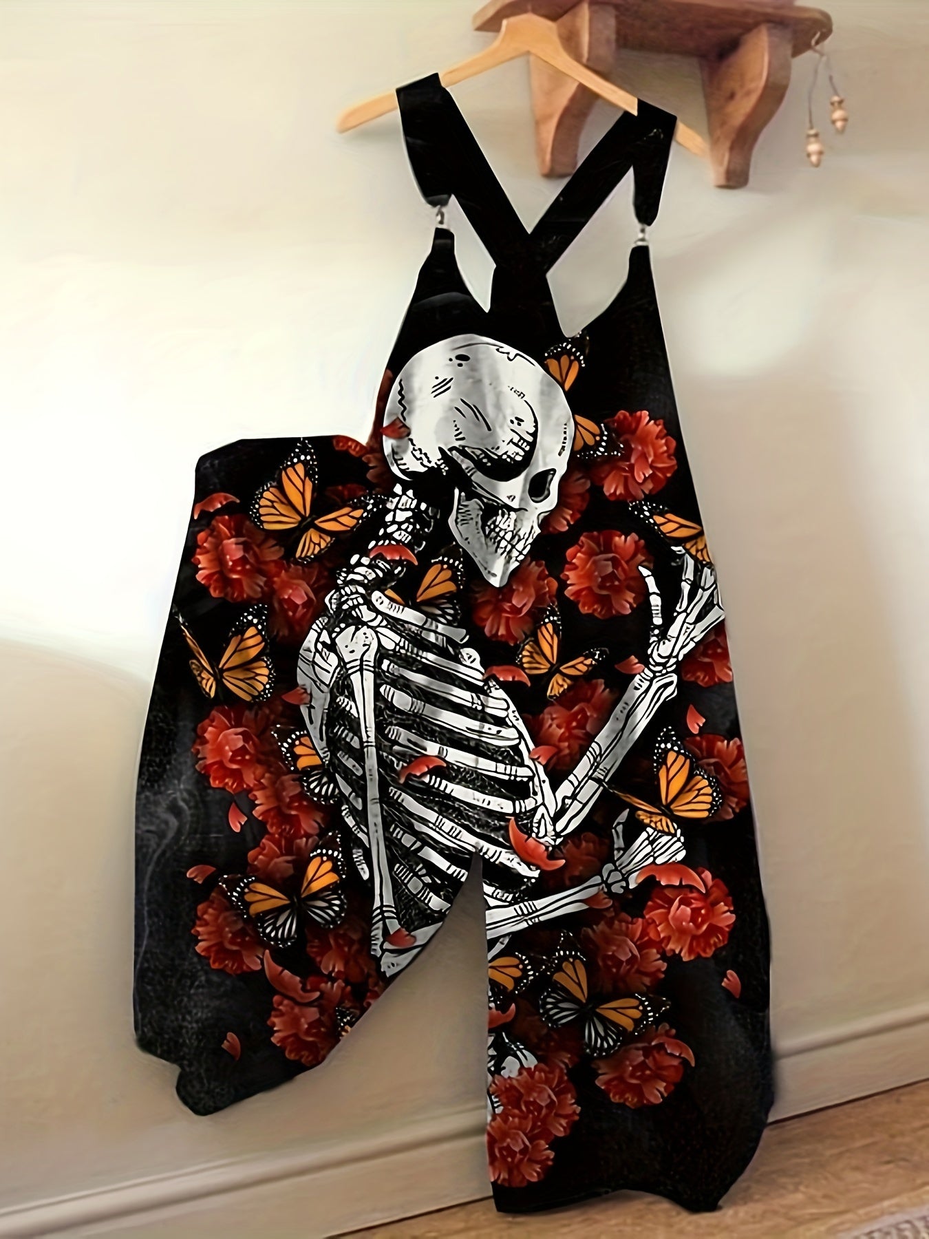Mono corto de talla grande con estampado floral de calavera, ropa casual sin mangas con tirantes para mujer