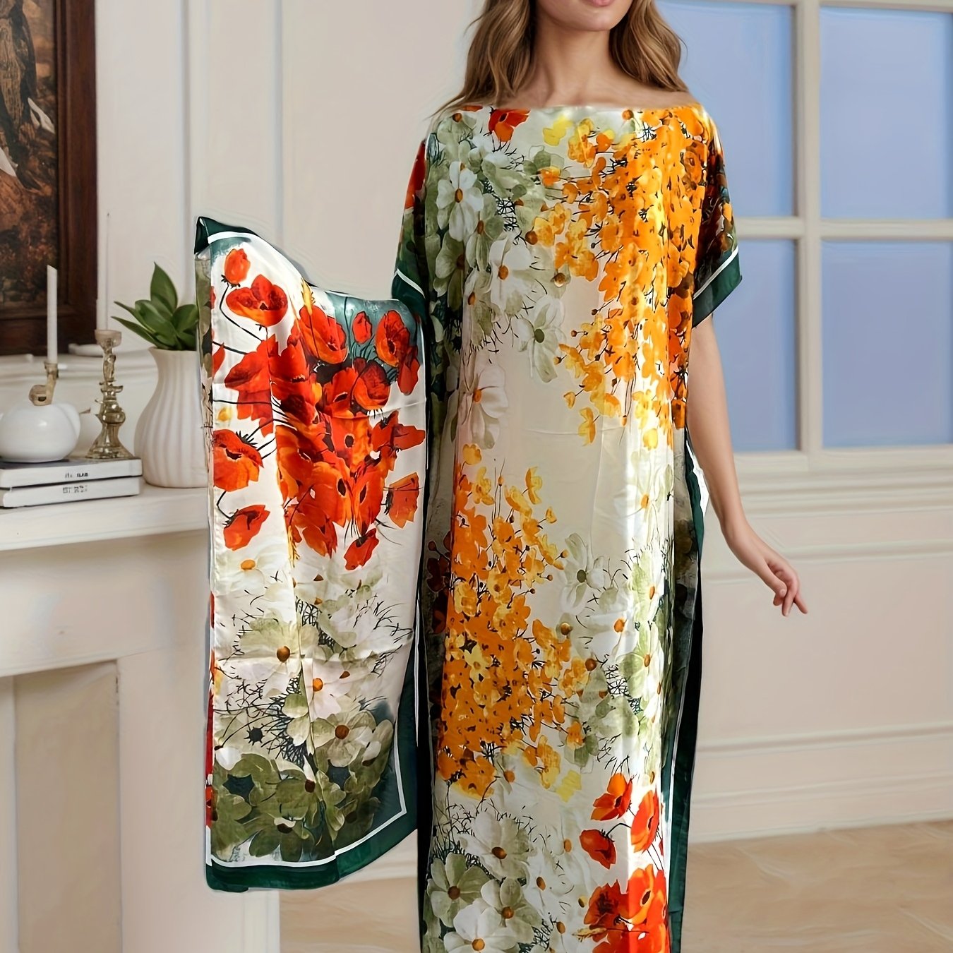 Плюс сайз женское платье-кимоно с цветочным принтом из полиэстера и шарфом, рукава баттерфляй