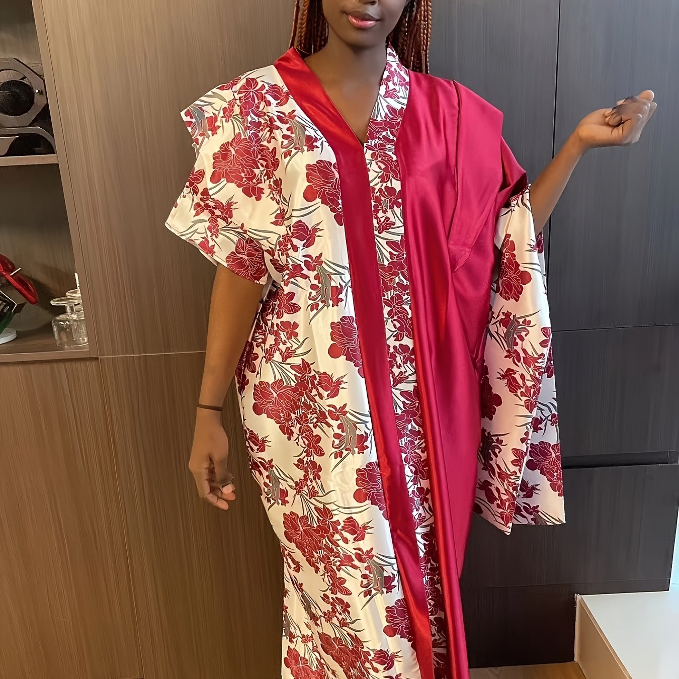 Women's Floral Print Turkish Kaftan Dress V-Neck Loose Fit All-Season