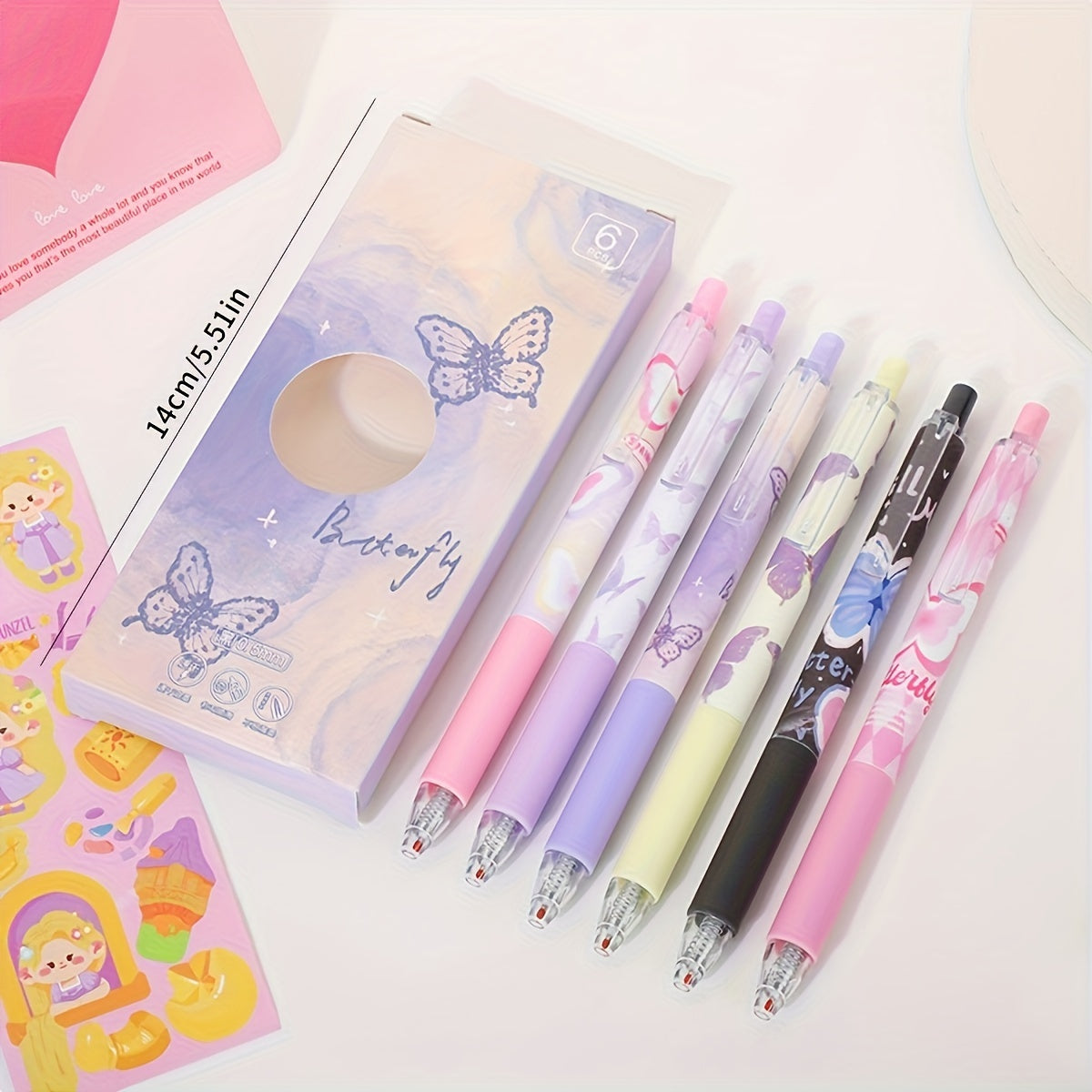 Набор из 6 нейтральных эстетических ручек с черными чернилами, 0,5 мм тонкий наконечник для гладкой письма, мечтательный дизайн с бабочками, идеален для использования в школе или офисе.
