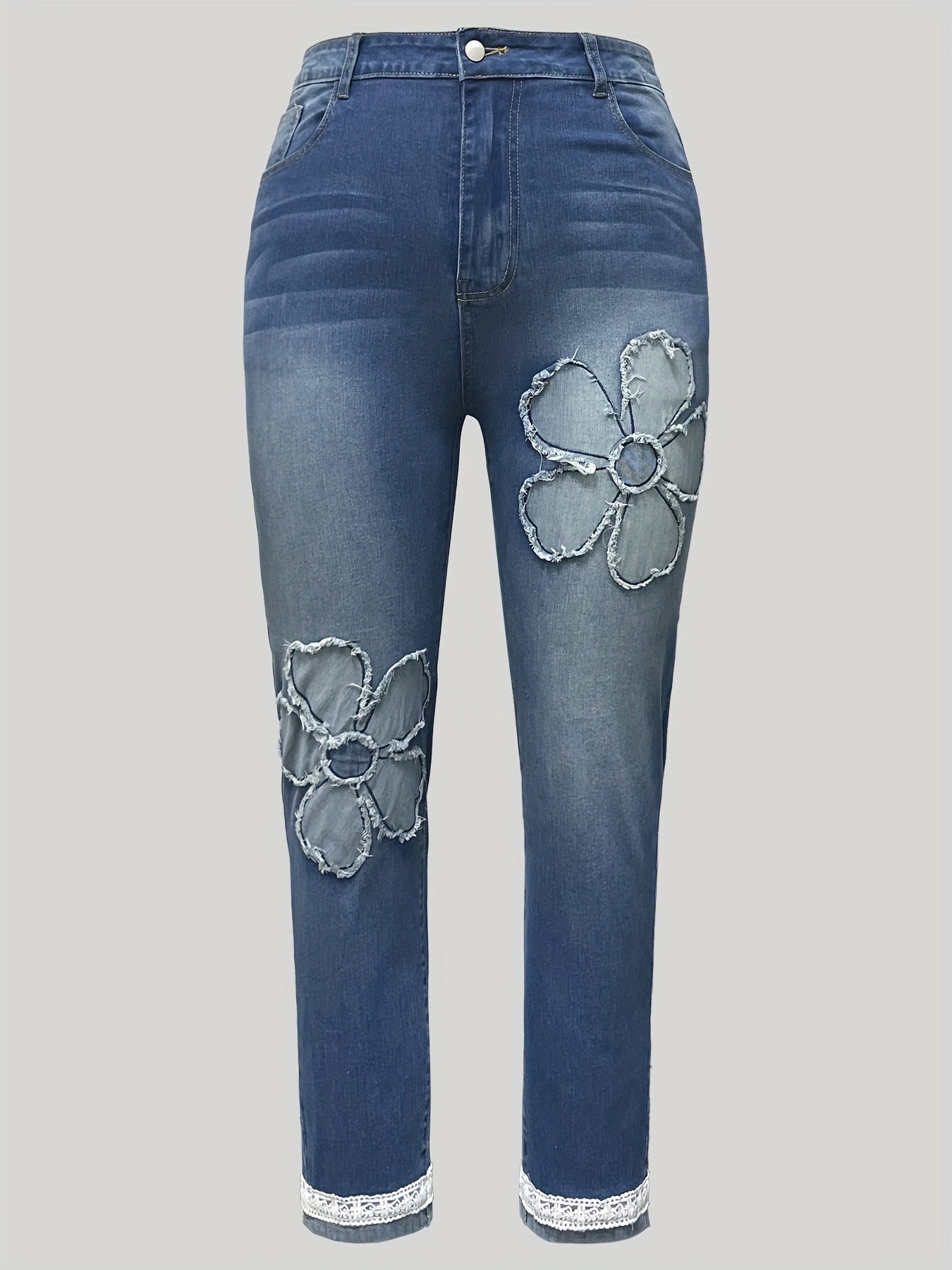 Women's Plus Size Floral Patchwork Lace Denim Pants with Contrast Hem