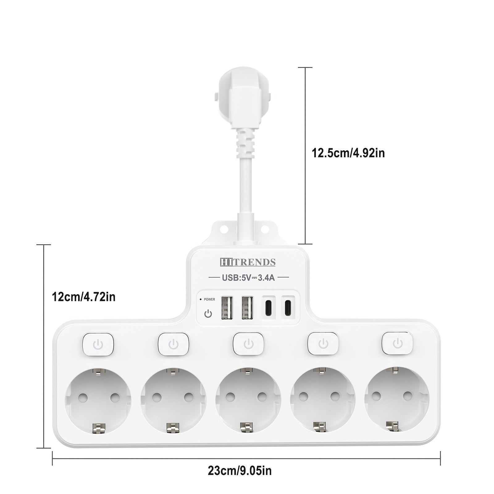 9-in-1 Power Strip with USB C and A EU Sockets Wall Mountable Safe Surge Protector