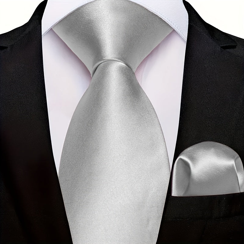 Men's Solid Color Tie and Pocket Square Set for Business Formal Events