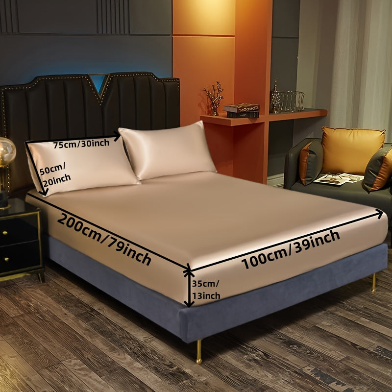 Satin Bedding Set 3 Pieces Fitted Sheet and Pillowcases Solid Color
