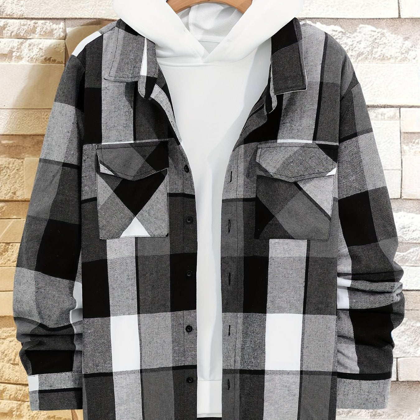 Plus-Size Men’s Plaid Long-Sleeve Shirt Polyester Casual Spring Fall