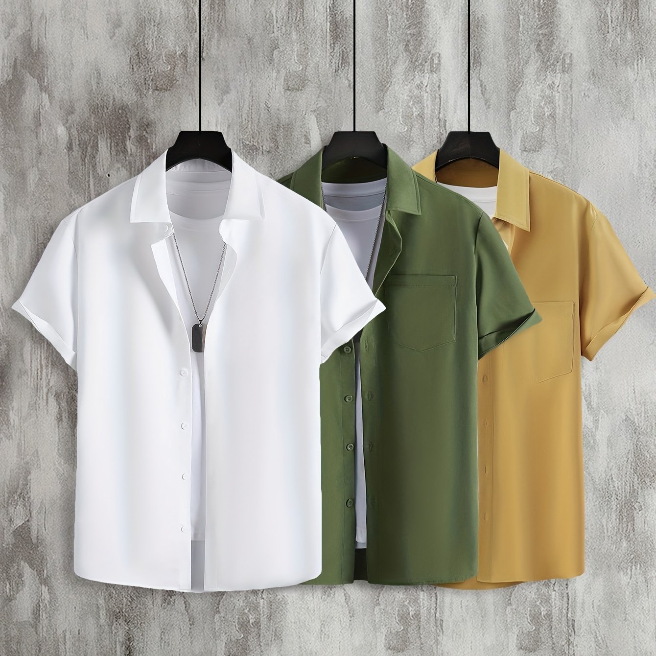 Plus Size Men's Casual Shirts Set 3 Polyester Solid Color Summer Woven Regular Fit
