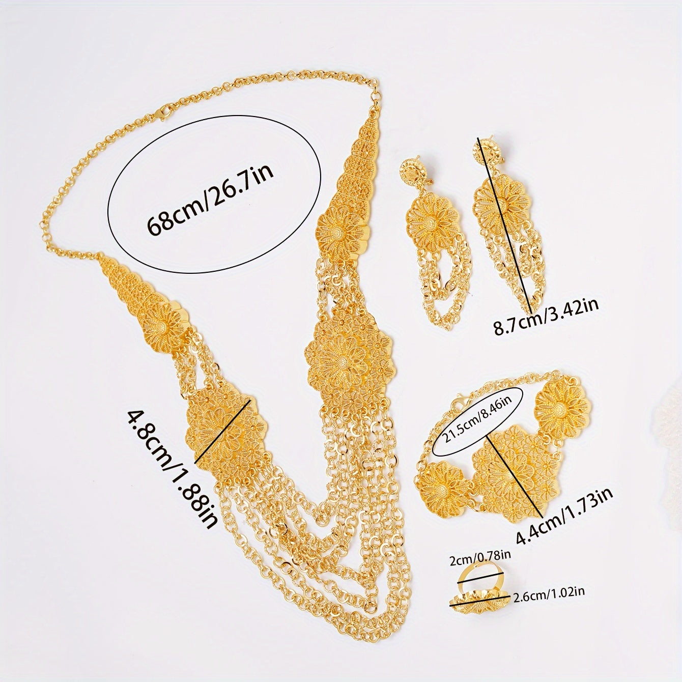 Zamonaviy O'rta Sharq zargarlik to'plami, vintage uslubidagi marjon, bilaguzuk, uzuk va sirg'alar bilan. Ushbu 4-qismli to'plam rux qotishmasidan tayyorlangan bo'lib, partiyalar, sovg'alar uchun ideal va yil davomida kiyish mumkin.