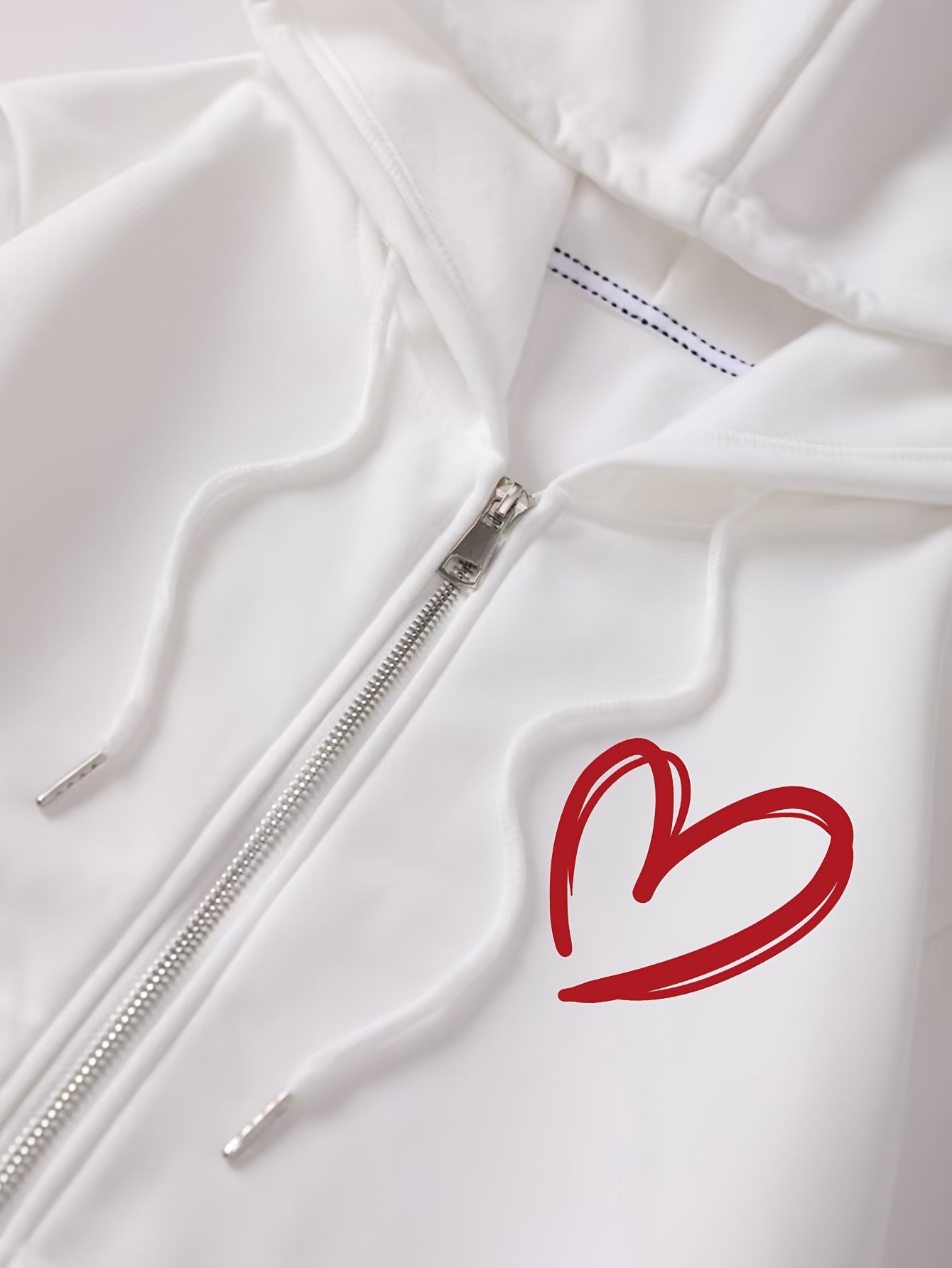 Women's Hooded Zip-Up Hoodie with Heart Print, Long Sleeves, Fall Winter Polyester
