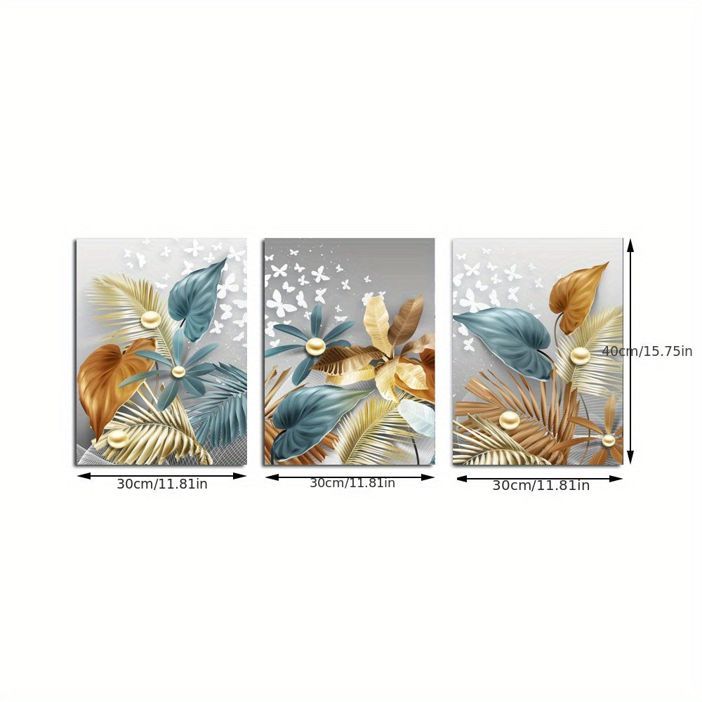 Set of 3 Flower Leaf Canvas Wall Art Posters Frameless for Living Room Bedroom Kitchen Office