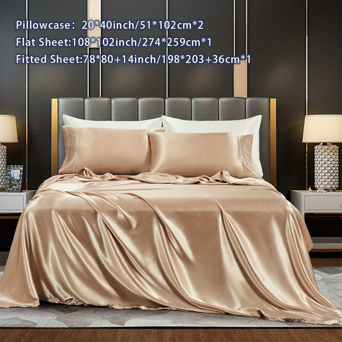 Satin Bed Sheets Set Fitted and Flat Sheets with Pillowcases for Bedroom