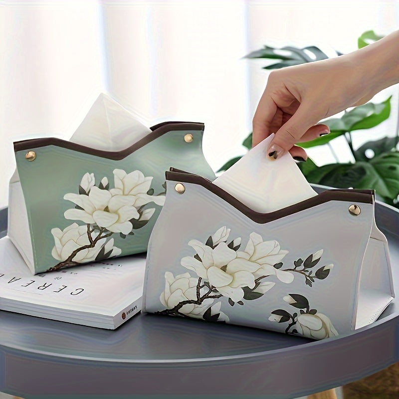 Caja de pañuelos de cuero con estampado floral para decoración de baño y sala de estar