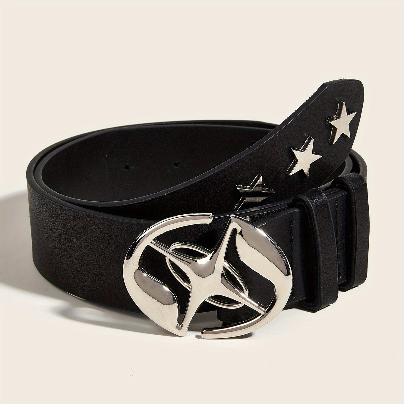Black PU Belt for Women with Oval Hollow Out Buckle and Star Rivet Decor