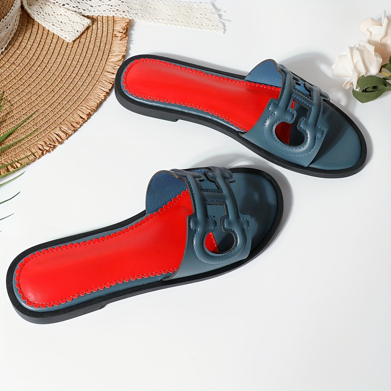 Women's Black Flat Sandals with Red Accents Slip-On Summer Casual