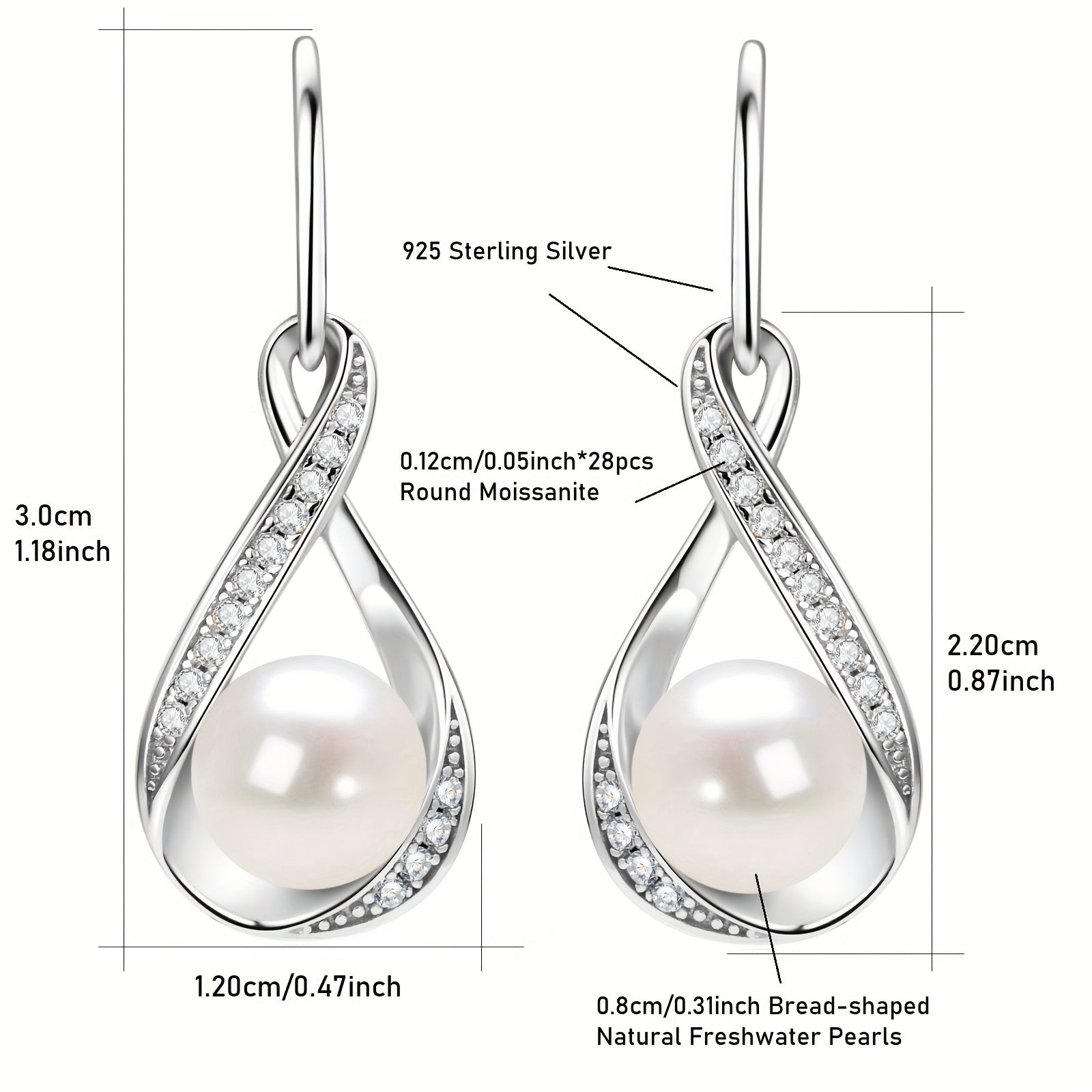 Pearl Earrings with Moissanite Stones 8mm Freshwater Beads in Silver
