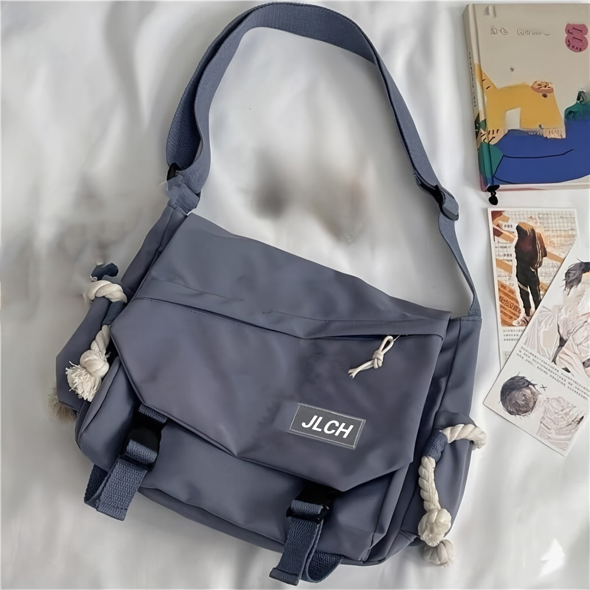 Unisex Canvas Shoulder Bag with Adjustable Strap for School Travel and Daily Use in White Pink Blue Black