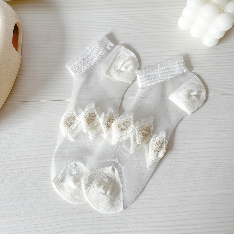 Women’s Ankle Socks Set of 5 Mesh Floral Pattern Ruffle Trim Breathable Hosiery