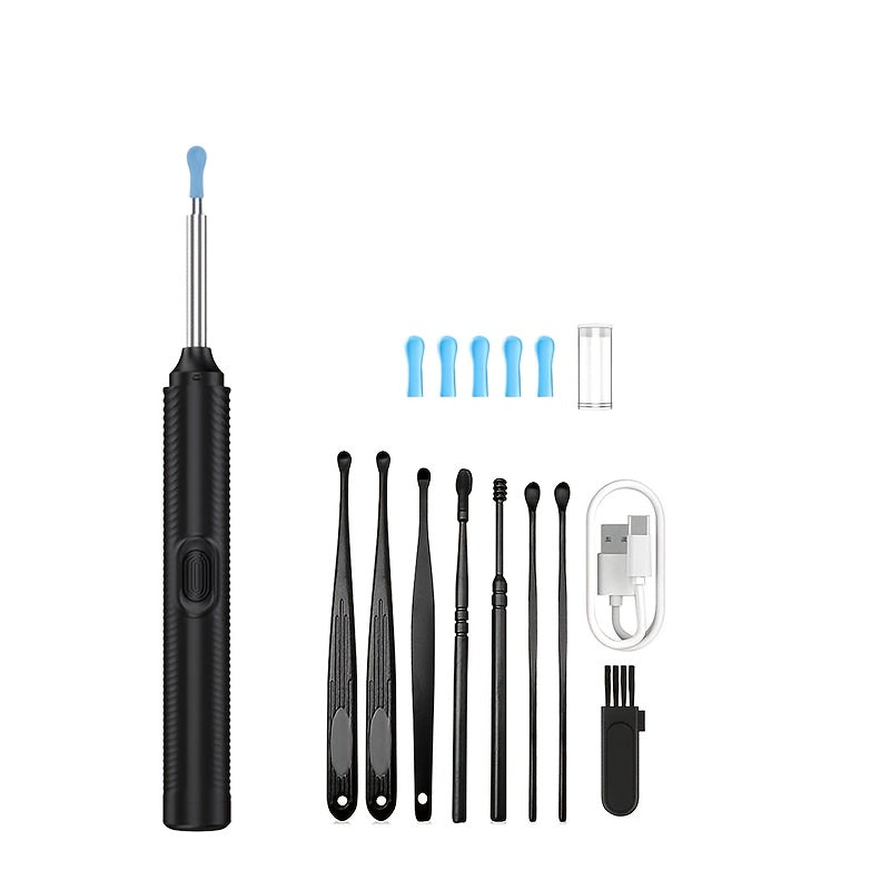 USB orqali zaryadlanadigan LED quloq mumini olib tashlash to'plami, litiy polimer batareyasi, vizual quloq tozalash vositasi, uyda foydalanish uchun bir nechta ucliklar va cho'tkalar.