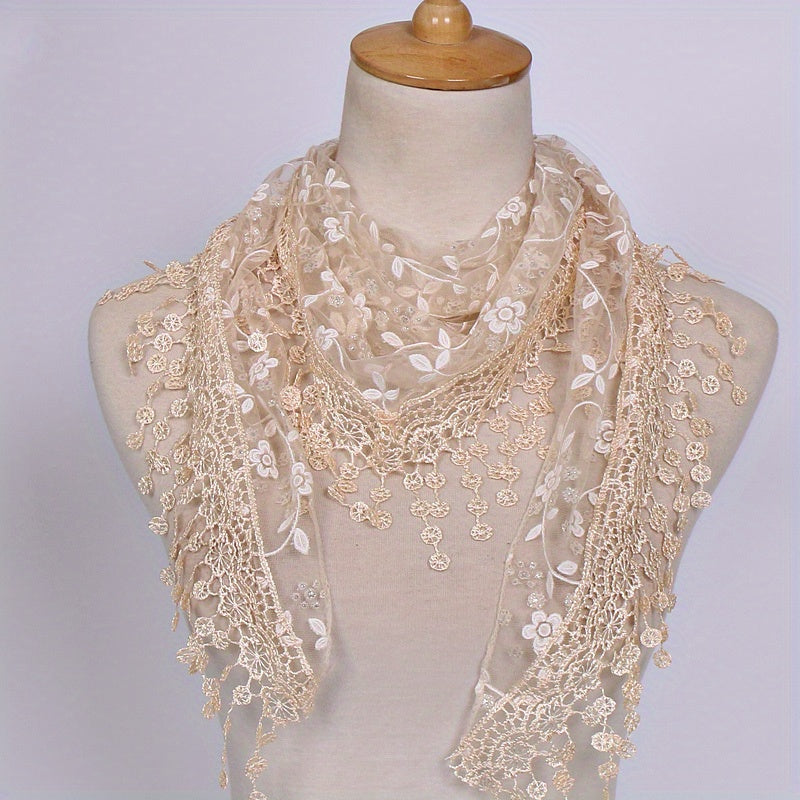 Women's Floral Embroidery Lace Shawl Triangle Scarf Cape Hollow Out Breathable Fabric for Head Covering