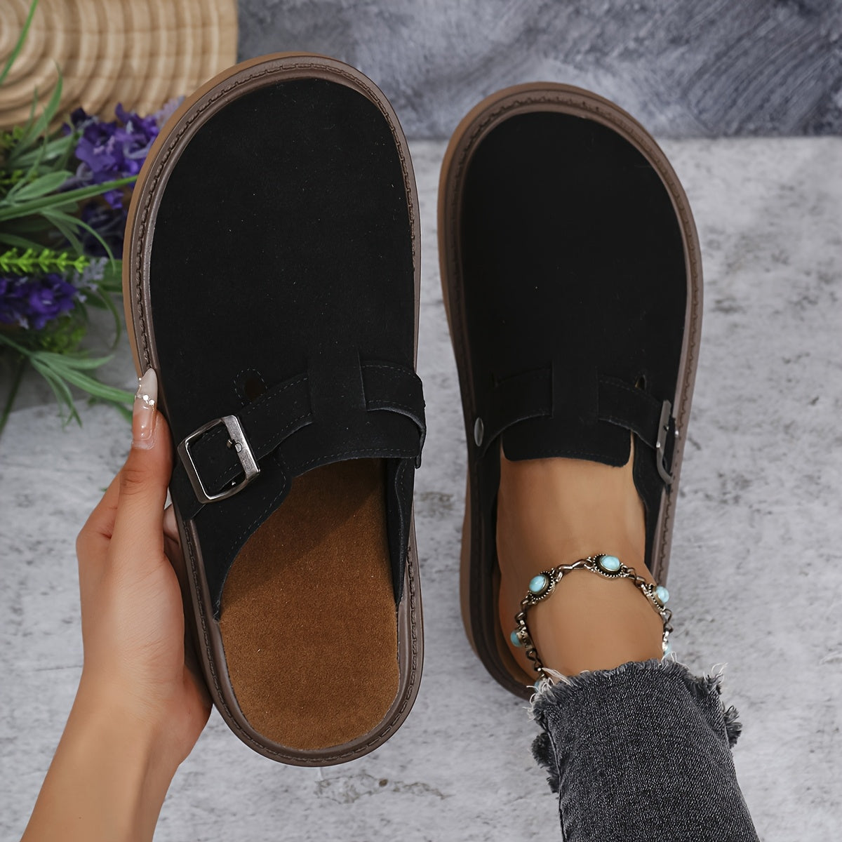 Women's Casual Buckle Loafers All-Season PU Upper Rubber Sole Flannel Insole