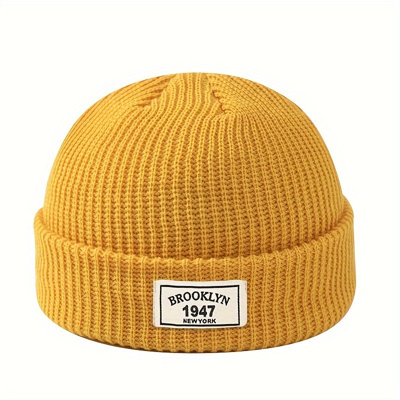 Gorro de punto para hombre, gorro cálido y elástico de invierno con parche de letras para ocio activo y regalos en vacaciones