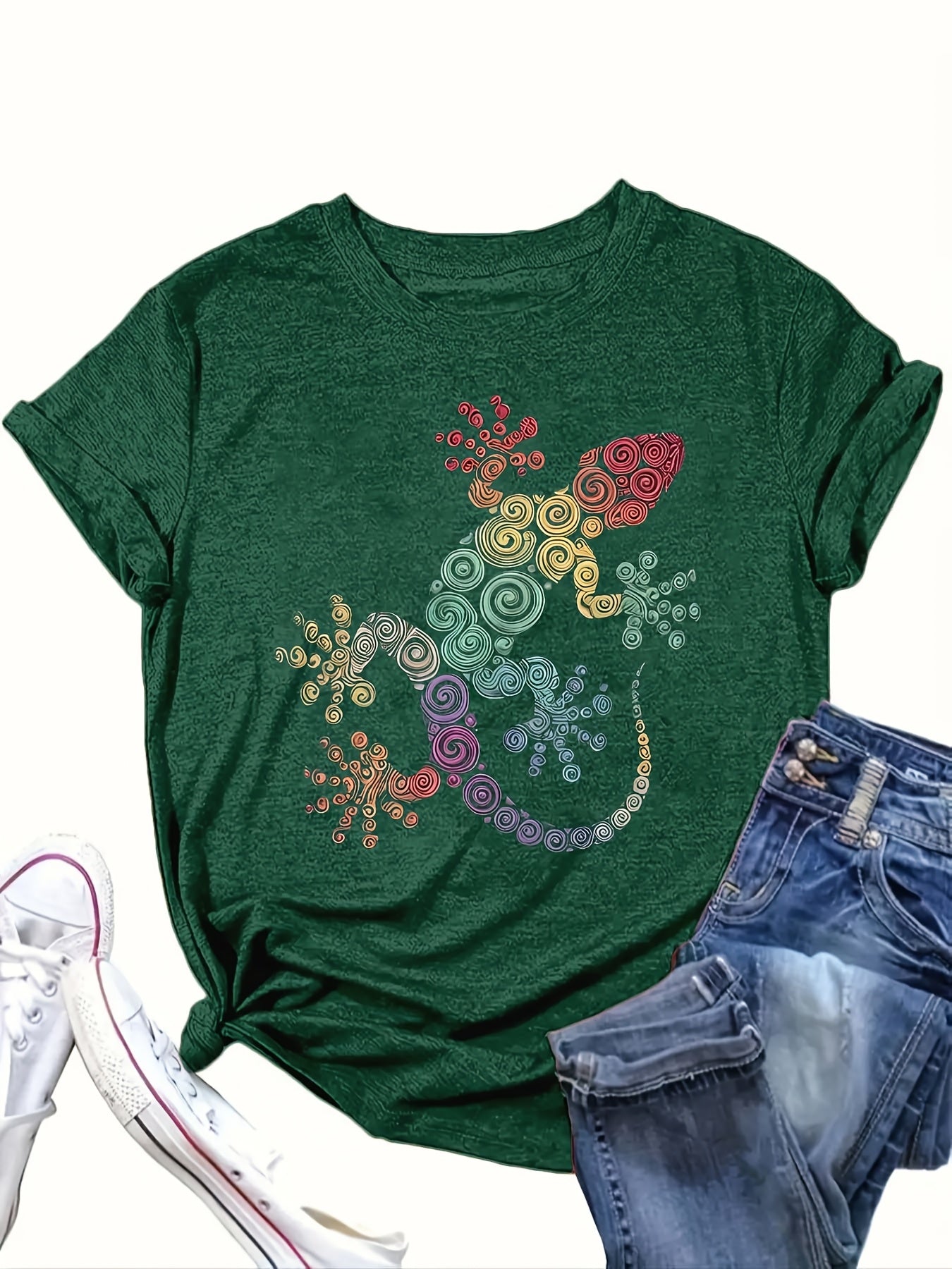 Plus Size Colorful Spiral Gecko Print T-Shirt Casual Breathable Summer Autumn