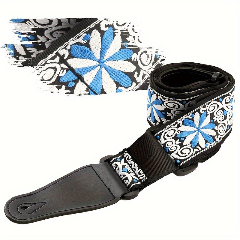 Correa de guitarra de lona con bordado de estilo nacional en rojo, amarillo, azul, verde y rosa