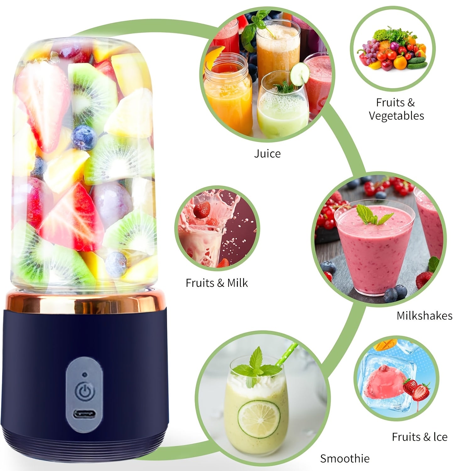 Portable USB Rechargeable Juicing Blender 400ml with 6-Blade Travel Cup
