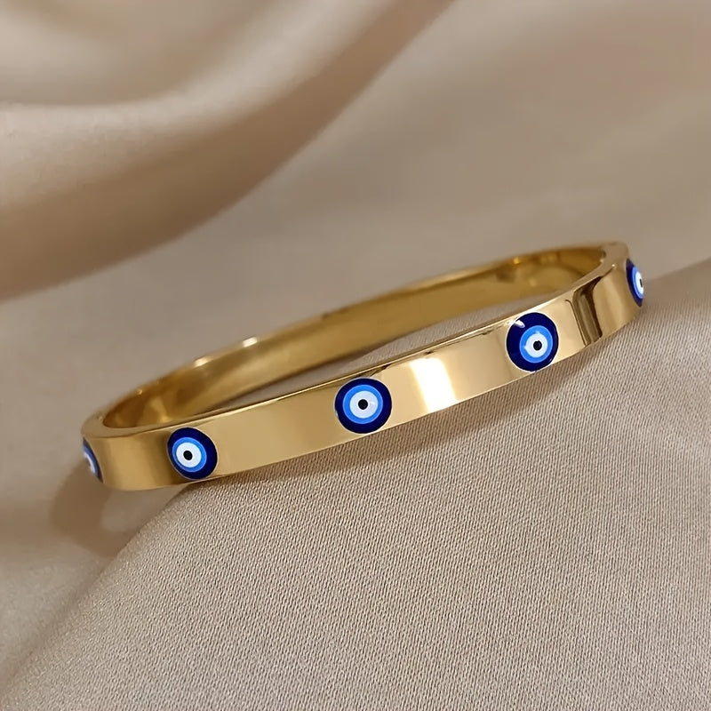 Stainless Steel Bracelet with Blue Evil Eye Charms and Rhinestones for Women