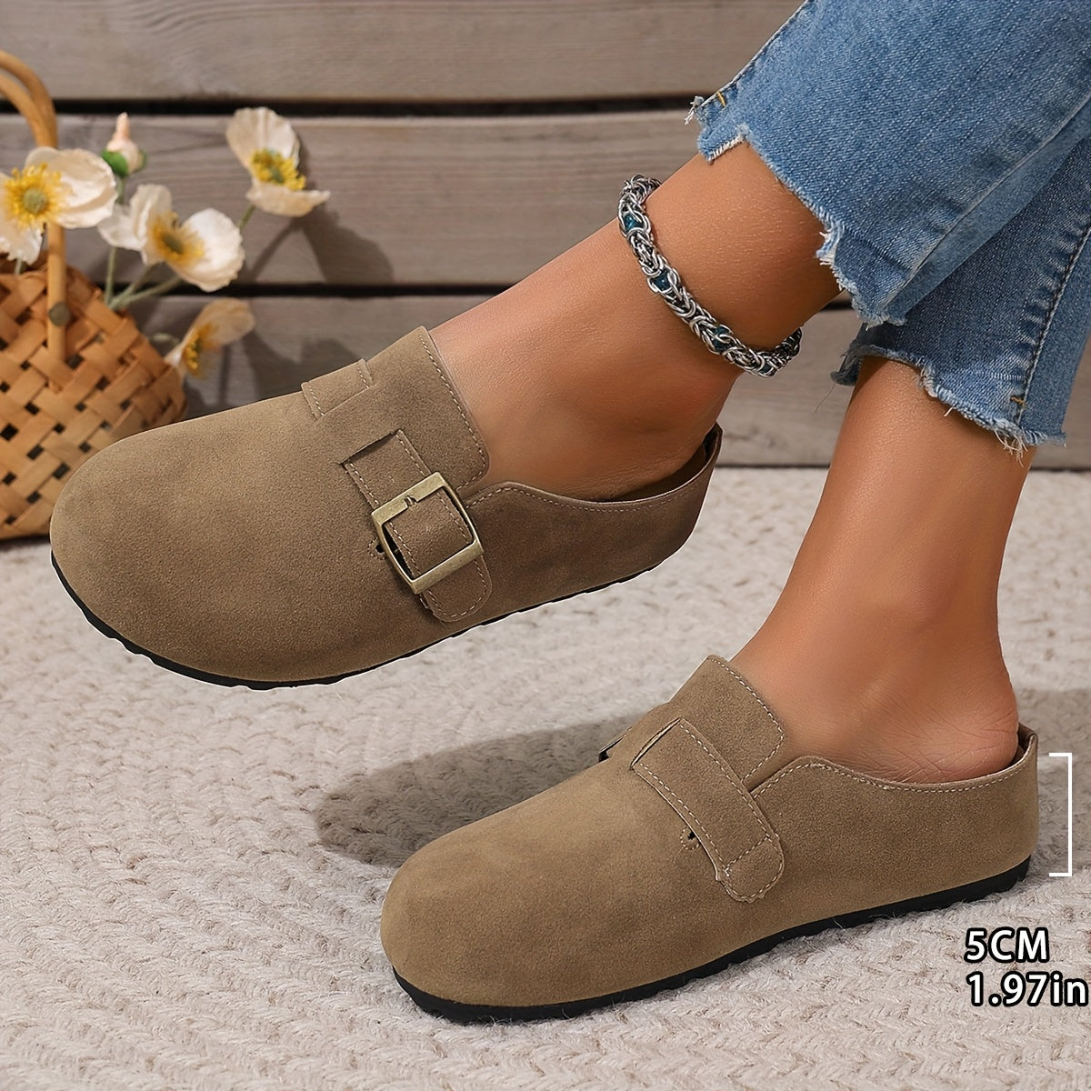 Women's Faux Leather Slip-On Mules Brown Green Buckle Casual Summer Comfort