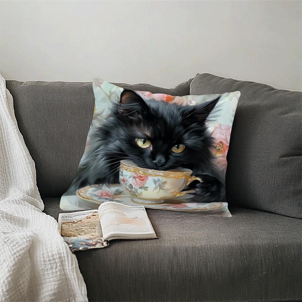 Retro Chic Cat Oil Painting Throw Pillow Cover 45cm Sofa Office Decor Zipper