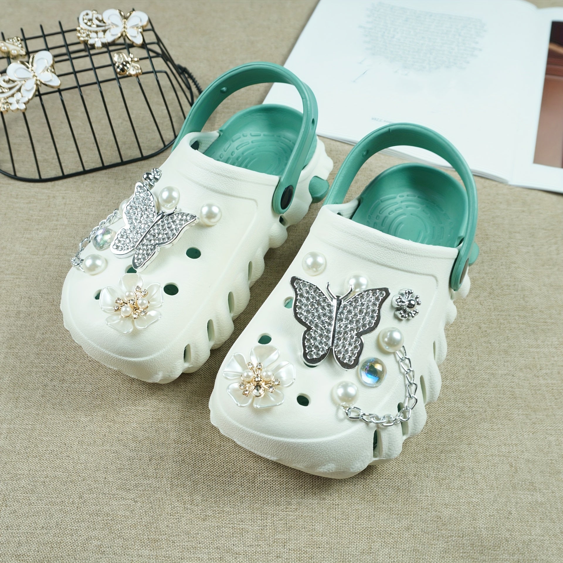 Women's Color-Block EVA Clogs with Rhinestone Butterfly and Flower Charms