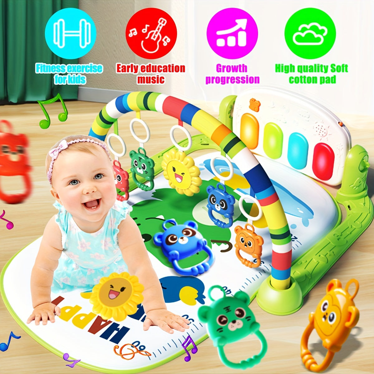 Infant Play Gym with Music and Piano Educational Activity Center for Ages 0-3 Polyester Mixed Color