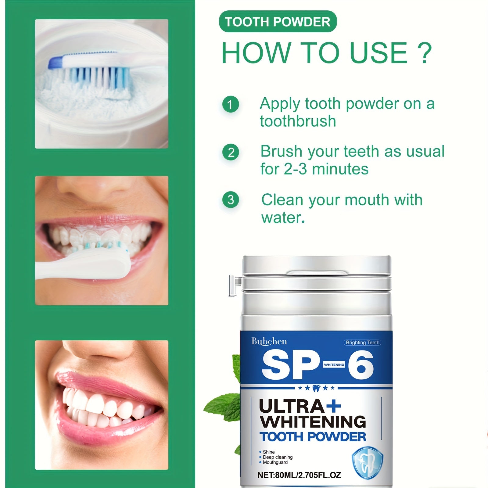 Polvo blanqueador para dientes para adultos 80ml sabor menta limpieza profunda