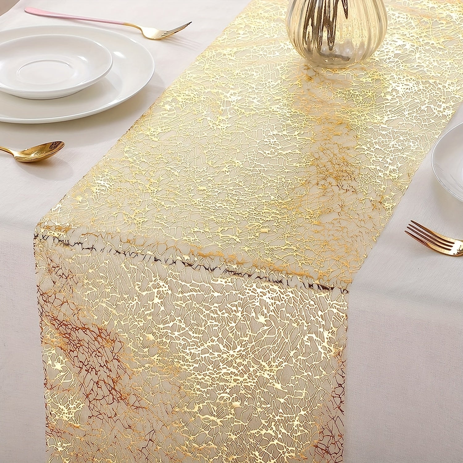 Golden Glitter Metal Foil Mesh Table Runner for Weddings Parties and Home Decor