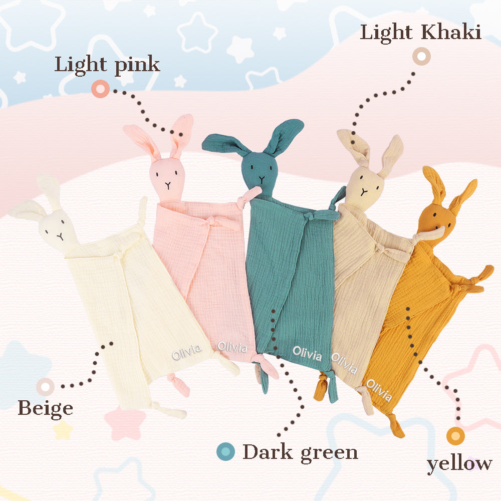 Manta de muselina personalizada para bebé con conejito en rosa, amarillo, beige, azul, marrón claro, suave, transpirable, regalo