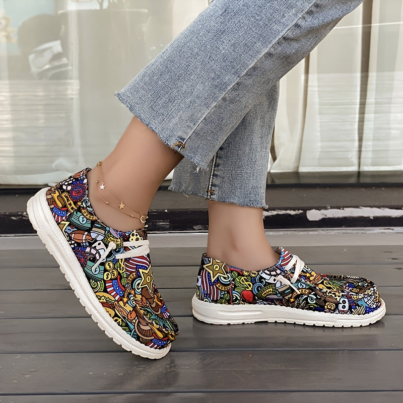 Women's Canvas Slip-On Sneakers with Floral Print and Cartoon Design