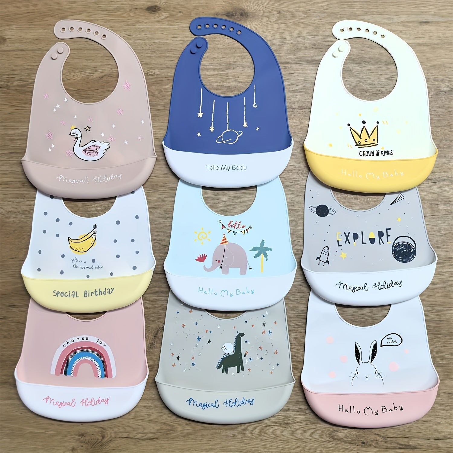 Silicone Kids Bib Pink Waterproof with Rainbow Crown Space Design for Boys Girls