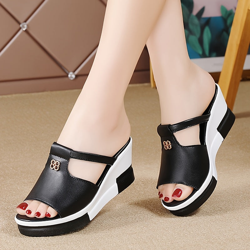 Women's Black White Platform Slide Sandals Open Toe Thick Sole Casual Footwear