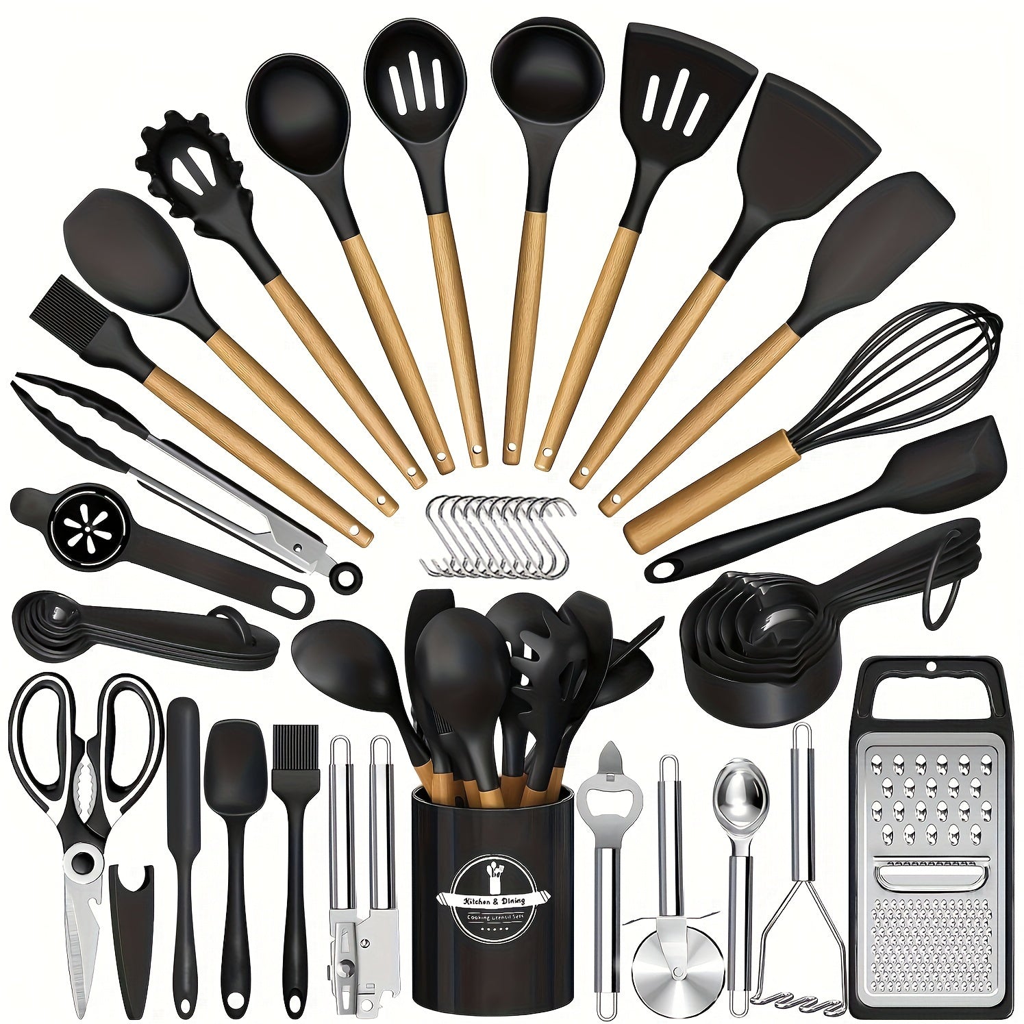 Silicone Kitchen Utensil Set 44 Pieces Non-Stick Coating Wooden Handles