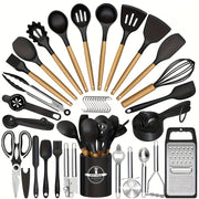 Silicone Kitchen Utensil Set 44 Pieces Non-Stick Coating Wooden Handles
