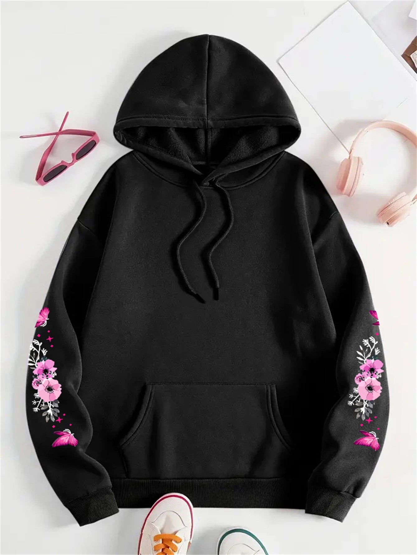Women's Oversized Hoodie with Butterfly and Floral Print Soft Polyester Long Sleeve Casual Wear