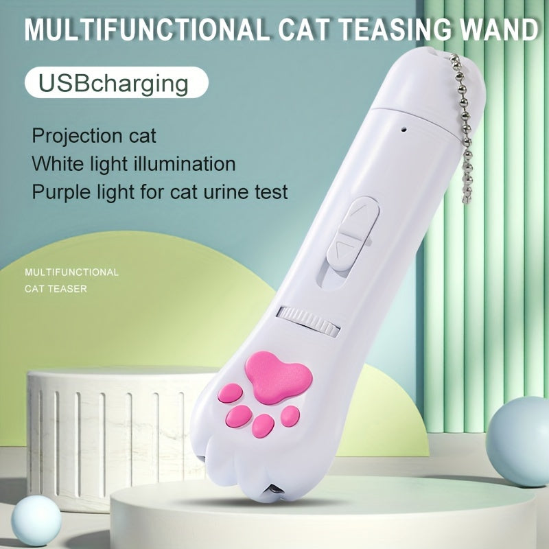 Interactive Cat Teaser Wand with Multi-Pattern Projection Light USB Rechargeable Plastic Toy