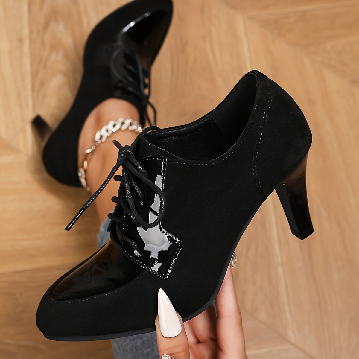 Women's Pointed-Toe High Heel Ankle Boots Synthetic Lace-Up Chunky Heel Non-Slip Rope Sole